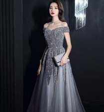 Women's Pretty Sequin Off Shoulder Gauze Flared Evening Dress Cocktail Prom 
