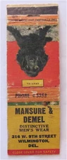 MANSURE & DEMEL DISTINCTIVE MEN'S WEAR, WILMINGTON, DE VINTAGE MATCHBOOK COVER