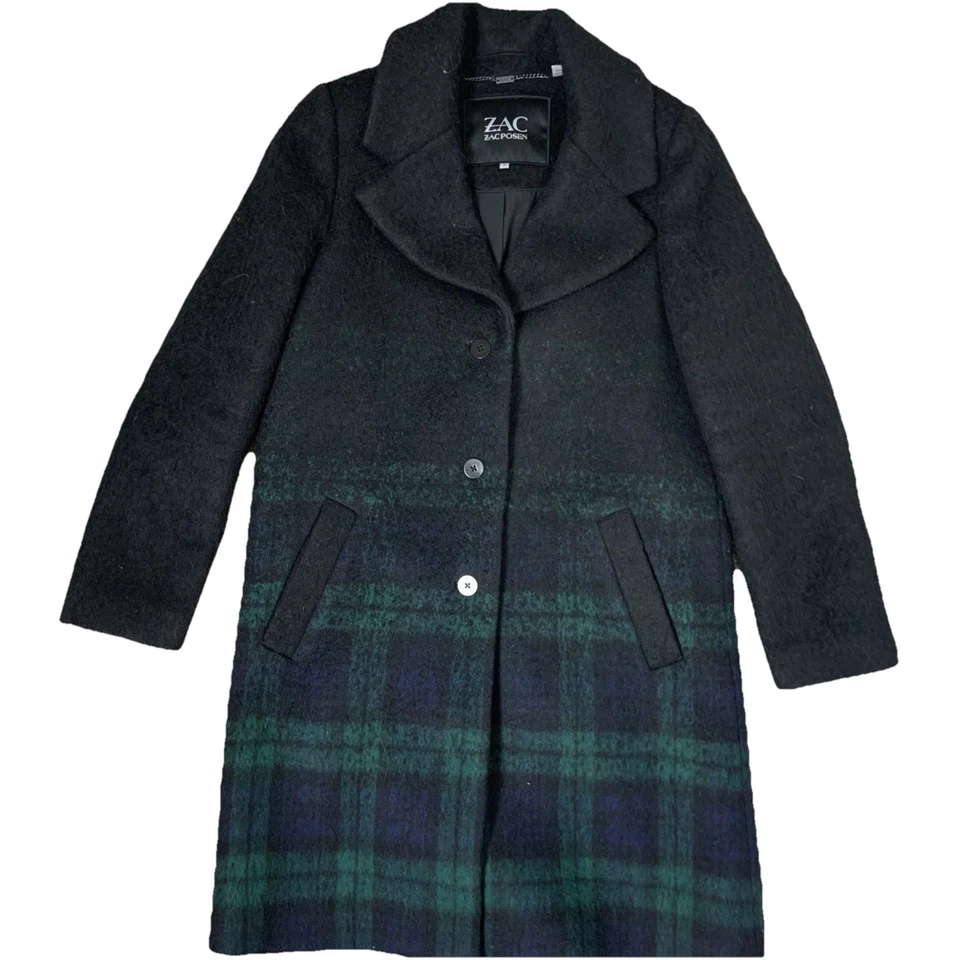Zac Posen Wool Blend Plaid Tartan Ombré Coat Womens Size 8 Black Green Office - Image 2 of 4