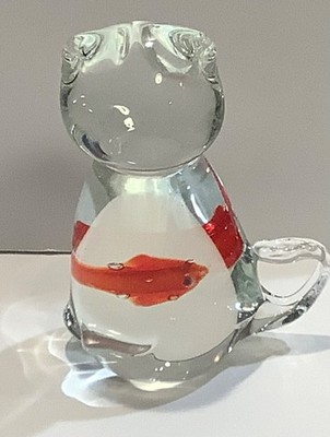 Vintage Hand Blown Clear Art Glass 4'' Sitting Cat Swallowed Orange Fish Figurine