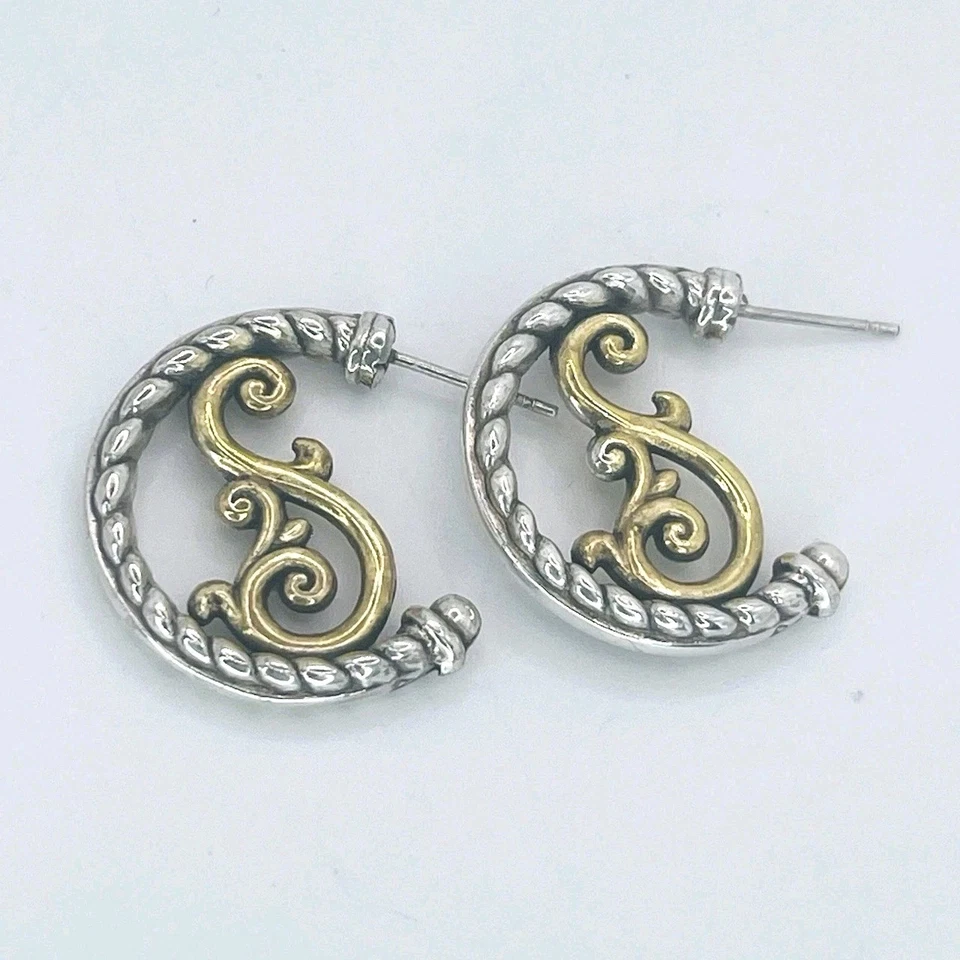 Brighton Hoop Earrings Antique Silver & Gold Rope Scroll Design Pierced Vintage - Image 2 of 4