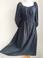 M&S MARKS & SPENCER Dress Black Cotton Midi Peasant Milkmaid Style Pockets UK 16
