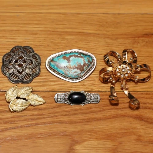 Vintage Lot of Costume Jewelry ~ 5 Pins Brooches ~ Coro Signed Genuine Turquoise