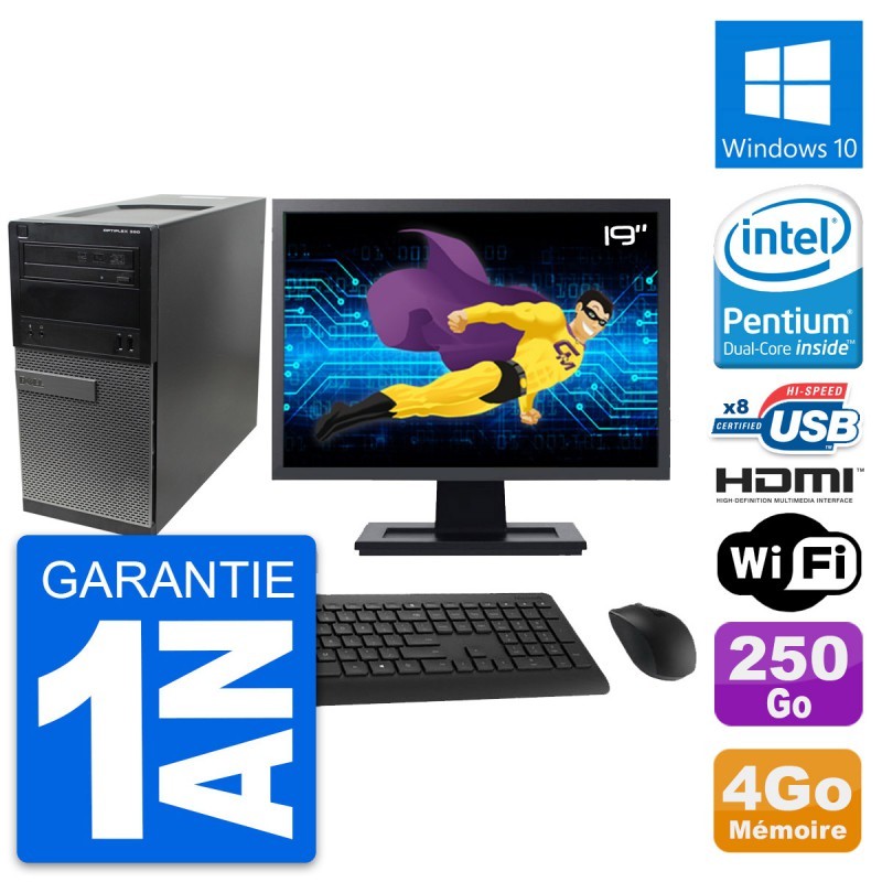 PC Tour Dell 390 MT Ecran 19" G630 RAM 4Go Disque Dur 250Go HDMI Windows 10 Wifi