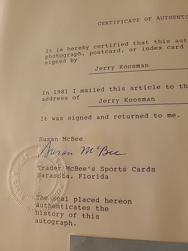 1981 JERRY KOOSMAN POSTCARD SIGNED WITH AUTHENTICATED LETTER - Picture 2 of 7