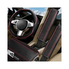 4PCS Car Steering Wheel Cover Set, 14.5-15" Microfiber Leather Steering Red