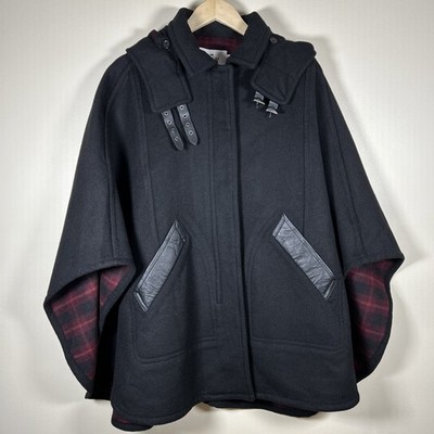 Coach New York Black Wool Blend Black Leather Trim Hooded Cape Poncho Size XS/S
