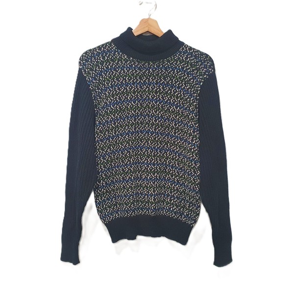 Vintage Size S Black Patterned Front Turtleneck Wool Mix Knit Sweater Jumper