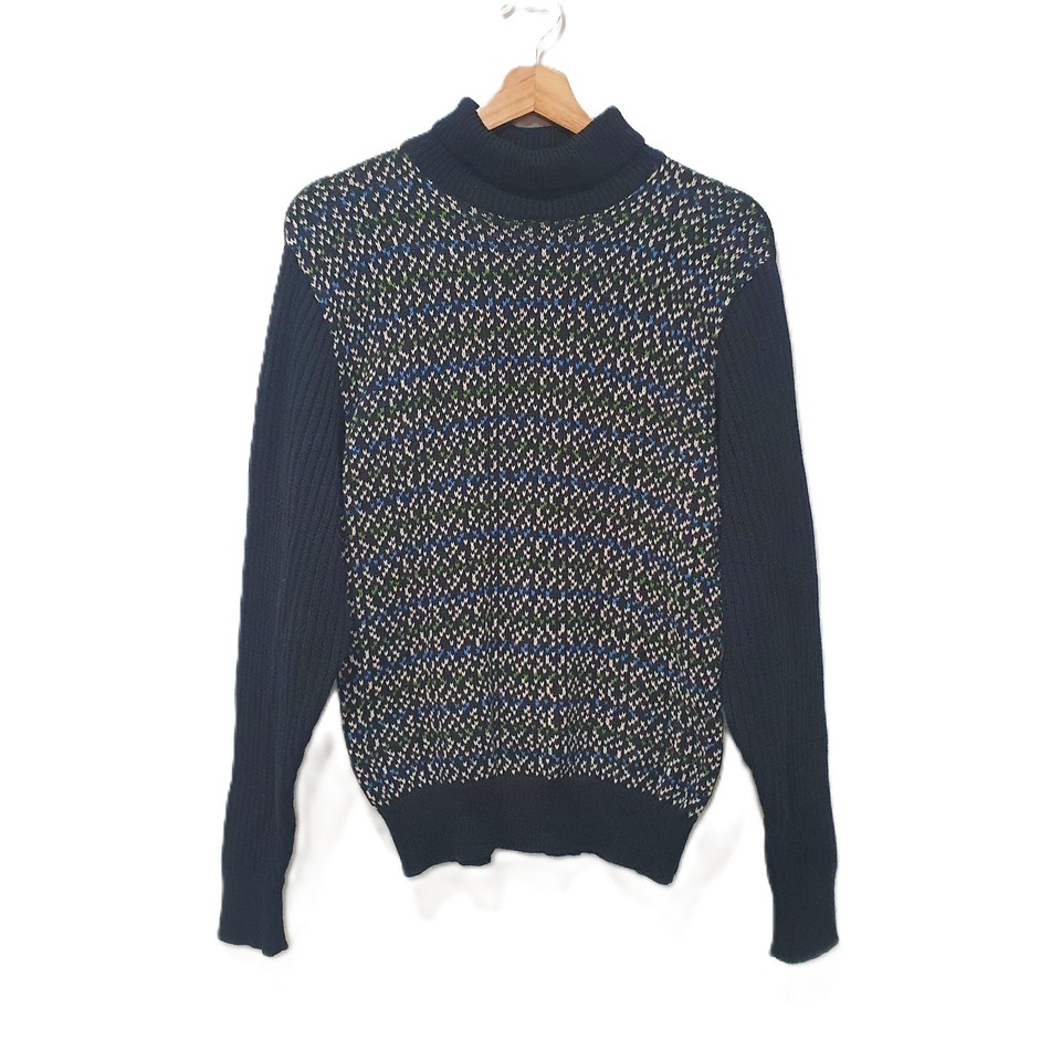 Vintage Size S Black Patterned Front Turtleneck Wool Mix Knit Sweater Jumper