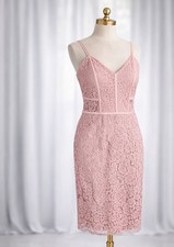 New Express Dress Light Pink Lace Midi Pencil Fringe Hem Sheer Side Panels Sz 12