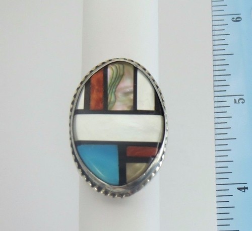 Large Oval MoP, Turquoise, Coral, Paua Shell and Onyx Inlay Stamped Silver Ring - Picture 4 of 8
