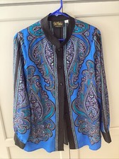 Bob Mackie Wearable Art Poly Long Sleeve Paisley Button Blouse Size M Blue