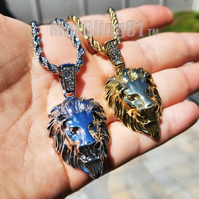 Iced Hip Hop Gold Silver Lion Head Pendant 4mm 24