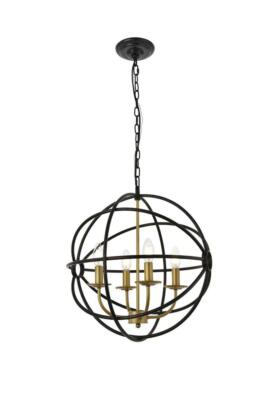 Chandelier Light Fixture Pendant Dark Brown and Brass Sphere Globe Dining Room