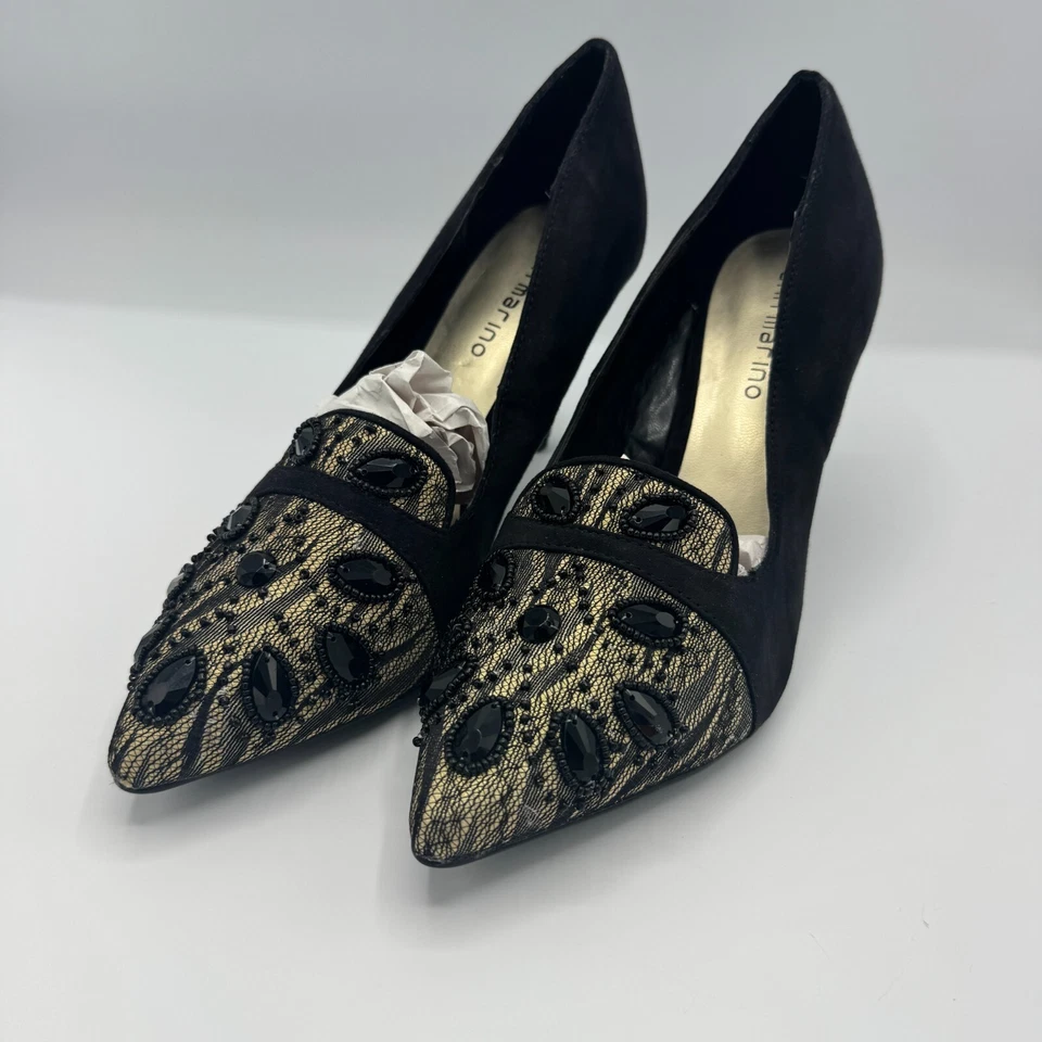 Ann Marino Damas BOMBAS NEGRAS DE ENCAJE CON JOYAS TACONES Punta puntiaguda Negro Gamuza Talla 8 Foto 2 de 4