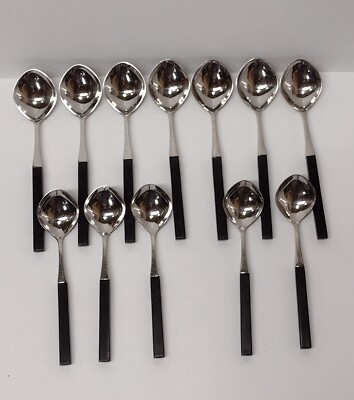 Denmark Lundtofte Stainless With Black Handle MCM Flatware Soup Spoons 12pc Set 