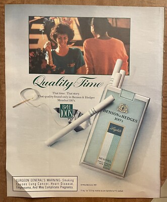 benson light cigarette 1991 Benson & Hedges Menthol Lights 100s Cigarettes Quality Time 90s Print  Ad