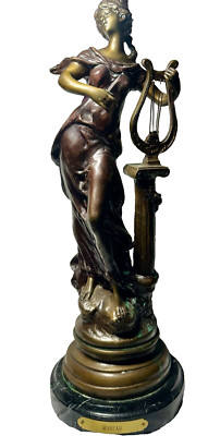 LOUIS AUGUSTE MOREAU BRONZE HARP GIRL SPELTER SCULPTURE MOUNTED ON BLACK MARBLE