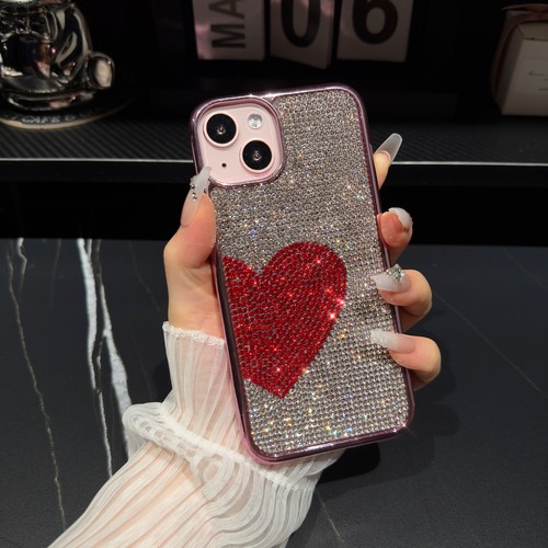 For iPhone 15 Pro Max 14 13 12 Plated Glitter Rhinestone Heart Design Phone Case - Picture 14 of 19