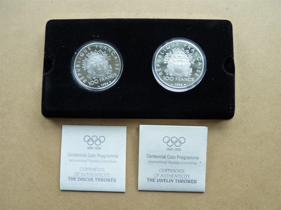 FRANCE 1994 OLYMPIC GAME ALBERTVILLE 2 SILVER COIN PROOF JAVELIN & DISCUS COA - Image 2 of 4