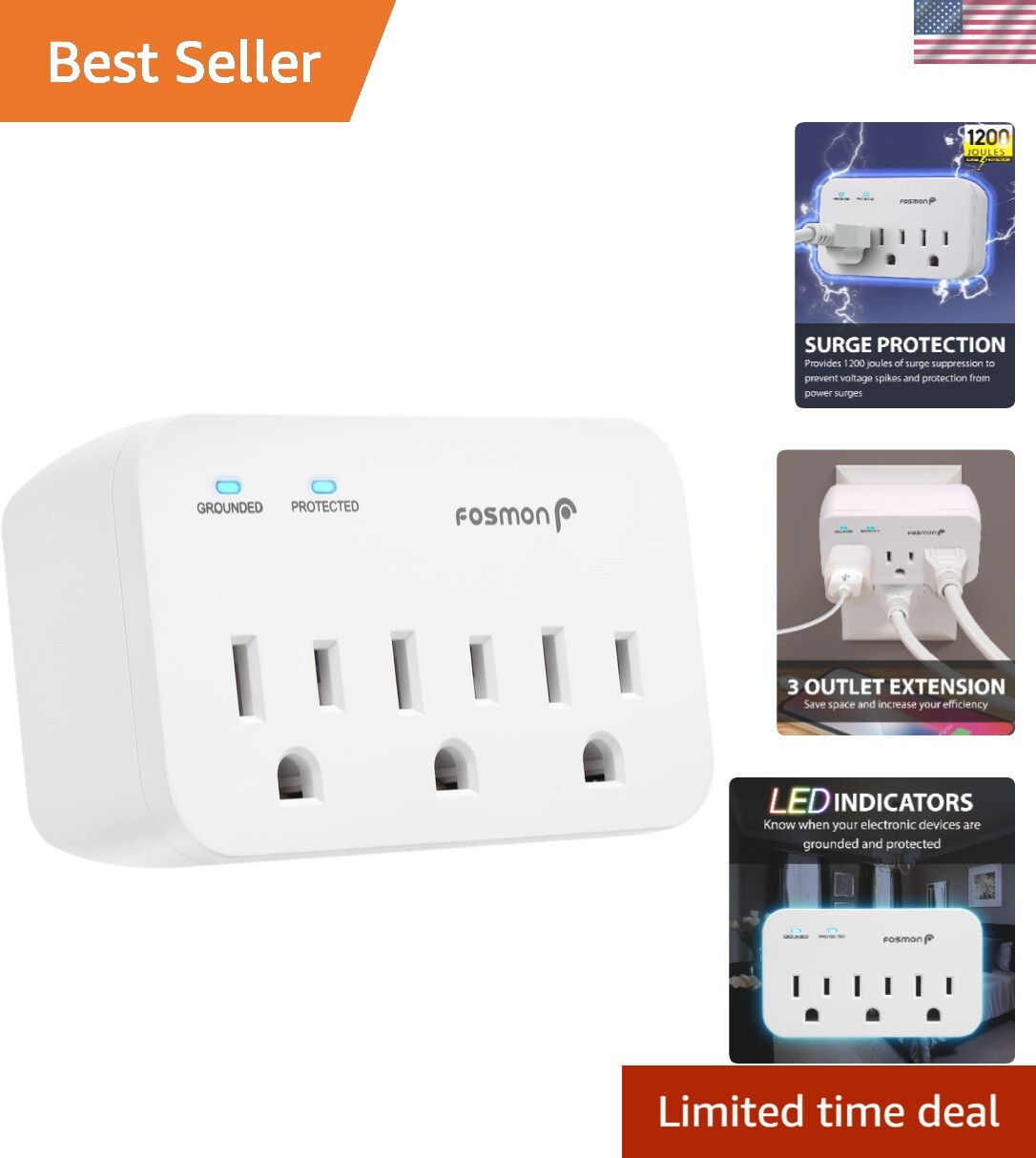 3 Outlet Adapter Surge Protector, 3 Way Plug Wall Adapter 1200J, Multi Plug E...