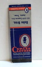 Curlee Clothes Austin Texas Bohn Bros. Department Store Matchbook Cover TX  Vtg