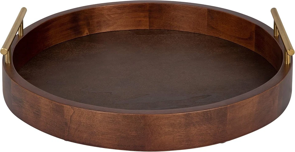Modern Round Tray with Metal Handles, 18", Walnut & Gold - Image 4 of 4