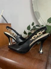 Nine West Women's Veroni Pumps - 5.5 Black Leather Gold Chain Slingback Heels