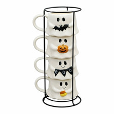 Ghost Stackable Ceramic Mug Set, 4 Mugs w/ Black Metal Stand 12oz Halloween