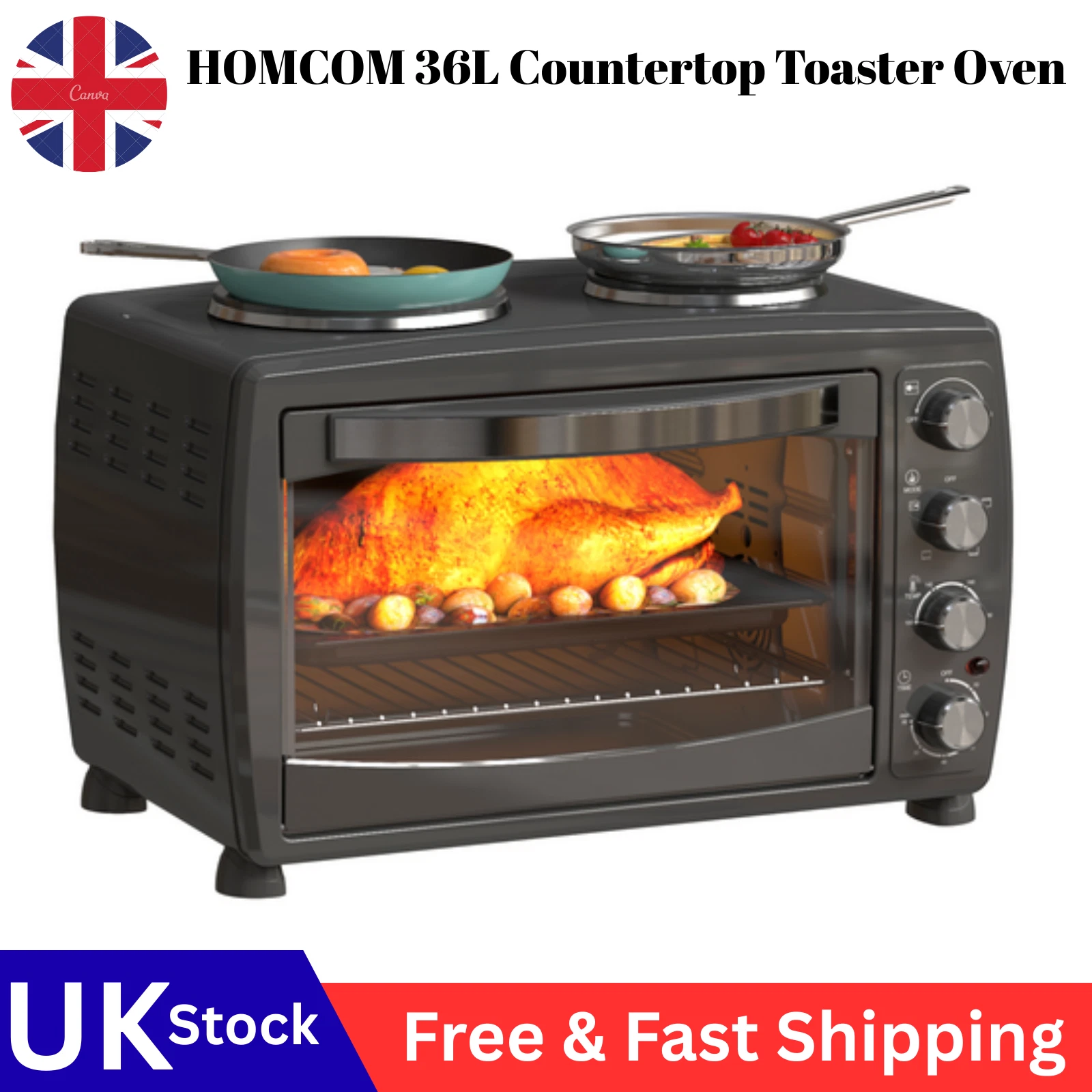 HOMCOM 36L Countertop Toaster Oven 2600W with 2 Hot Plates, Grill, Roast, Bake