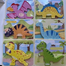 6 Preschool Chunky Wood Dinosaur Puzzles - NEW 