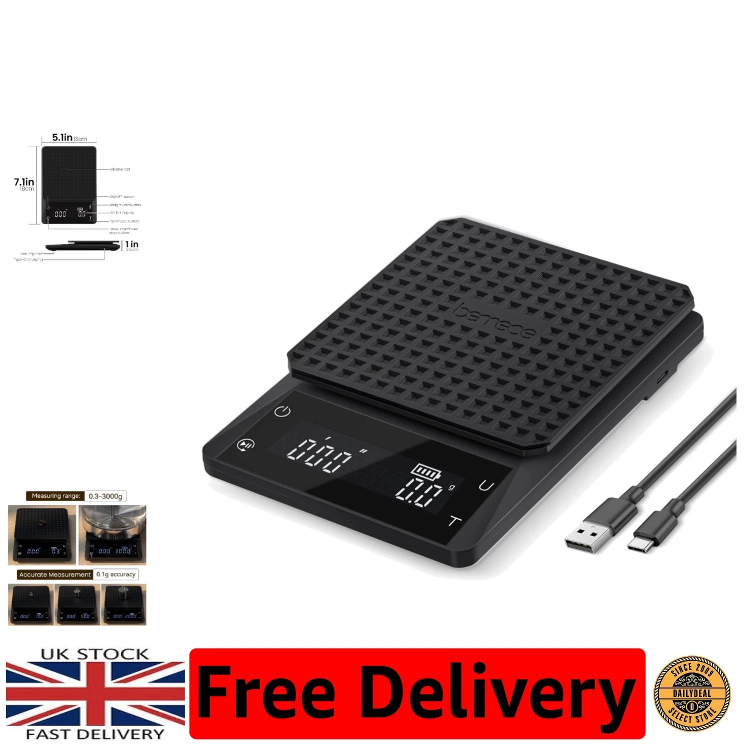 Rechargeable Kitchen Coffee Scale with Large LED Display & Smart Timer Function