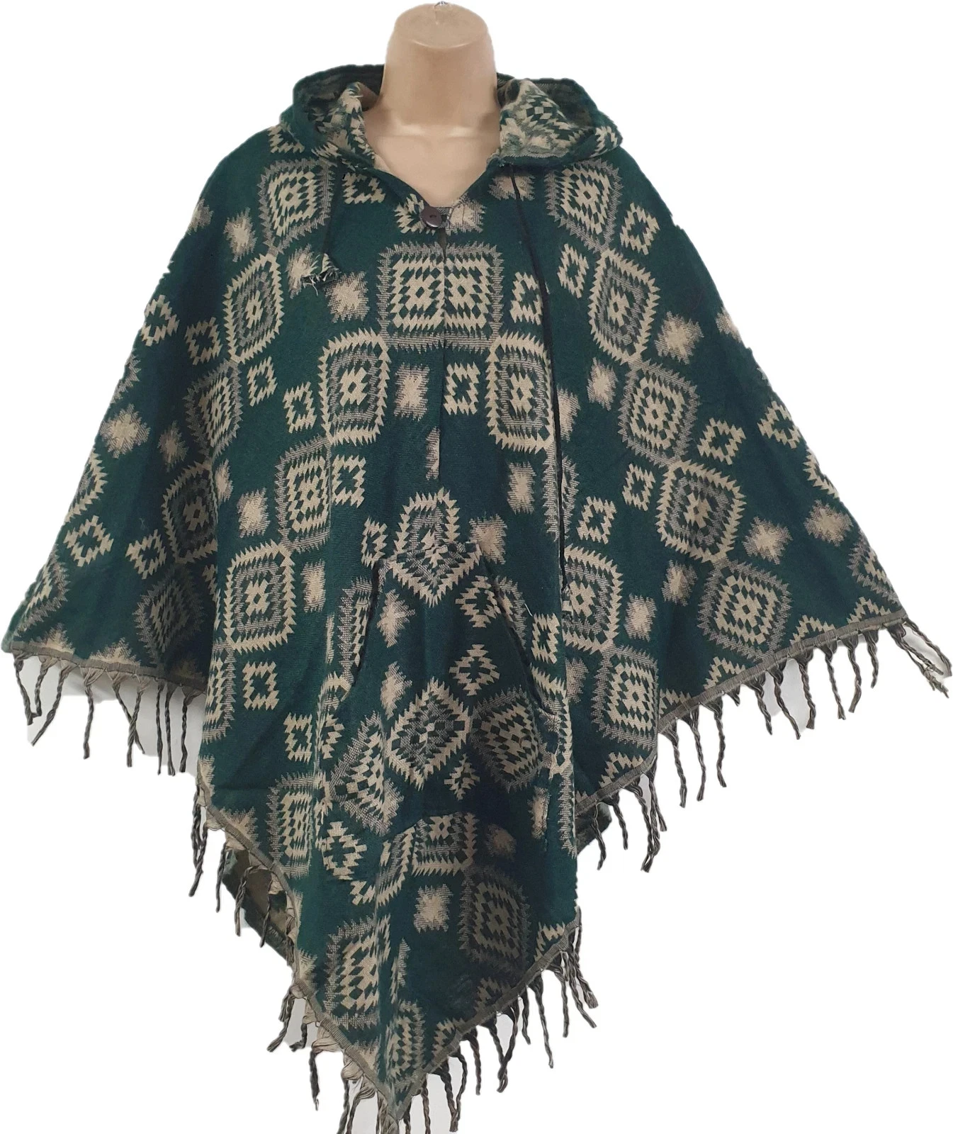 Geometric Print Hooded Acrylic Wool Hippy Festival Poncho Tassel Pocket S M L XL