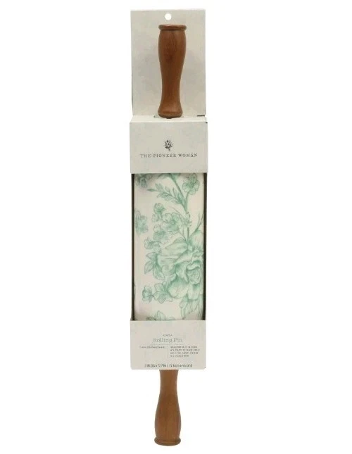 Pioneer Woman ~ 3" Stoneware Rolling Pin ~ AGATHA GREEN w/Olivewood Handles