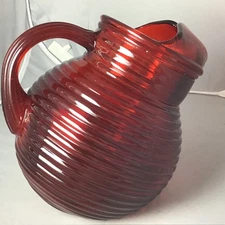 Vintage Red Glass Beehive Ribbed Tilted Pitcher 6”