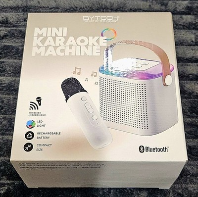 Bytech Mini Karaoke Machine with Wireless Microphone LED Lights Bluetooth White