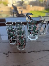 Crisa Glassware Holly Berry Beverage Set- Pitcher and 5 Glasses