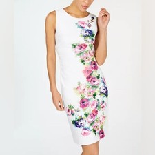 NWT Calvin Klein | Floral Printed Sheath Dress White Colorful, Womens 8