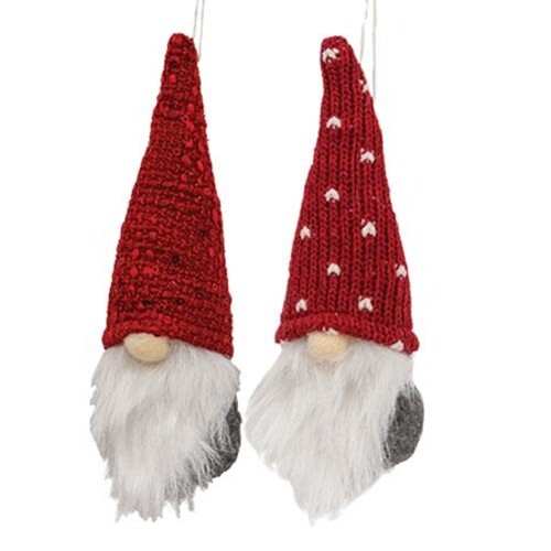 Juego de 2 adornos de gnomo con sombreros de punto rojo - Imagen 1 de 2