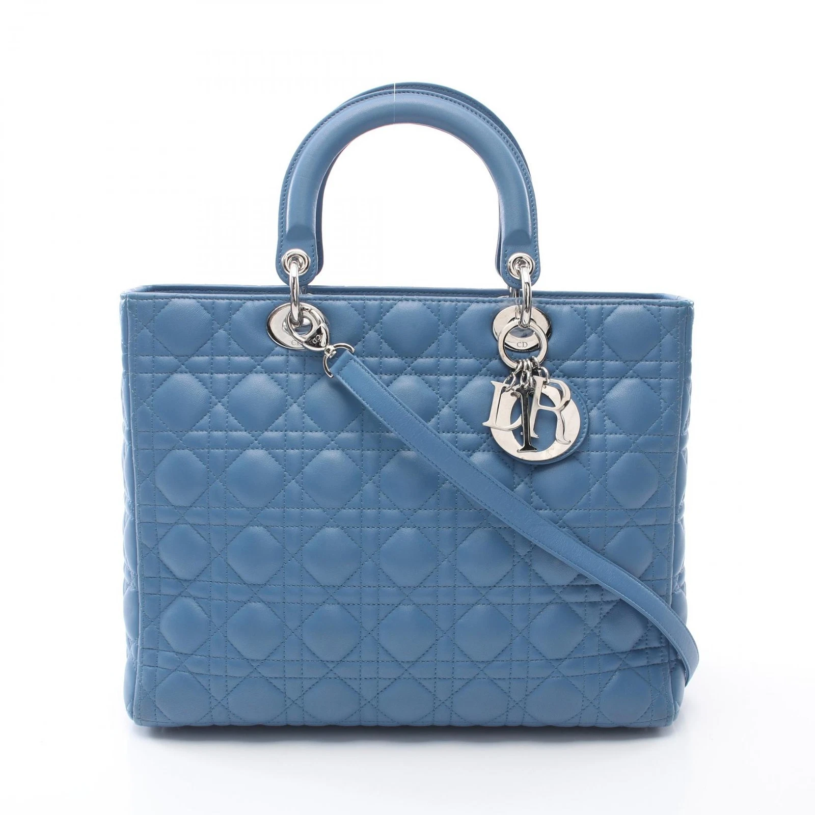 Grand sac à main fourre tout bandoulière 2 voies Dior Lady Dior cuir bleu occasion femme SHW