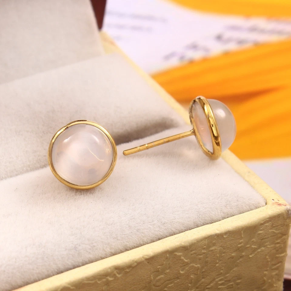 Natural Round Cabochon Moonstone Earrings in 18k Solid Yellow Gold For Women - Image 4 of 4