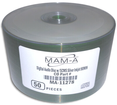 50-Pak MAM-A (Mitsui) DIGITAL-AUDIO Silver Inkjet Printable CD-R's, #11278