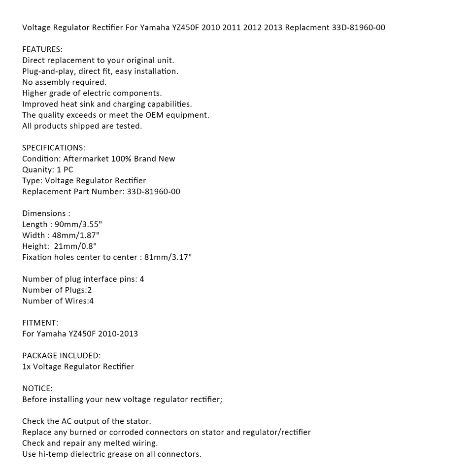 Regulador rectificador de voltaje para Yamaha YZ250F YZ450F 2014-2019 1SL-81960-00-00 Foto 2 de 4