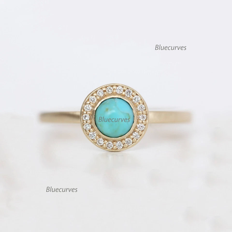 Conjunto de anillos con halo de diamantes y piedras preciosas turquesa de oro amarillo de 14 k joyas finas Foto 2 de 4