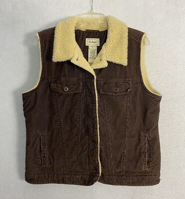 VTG L.L. Bean Brown Corduroy Vest Sherpa Fleece Lined Women Size L CXQ7 Y2K