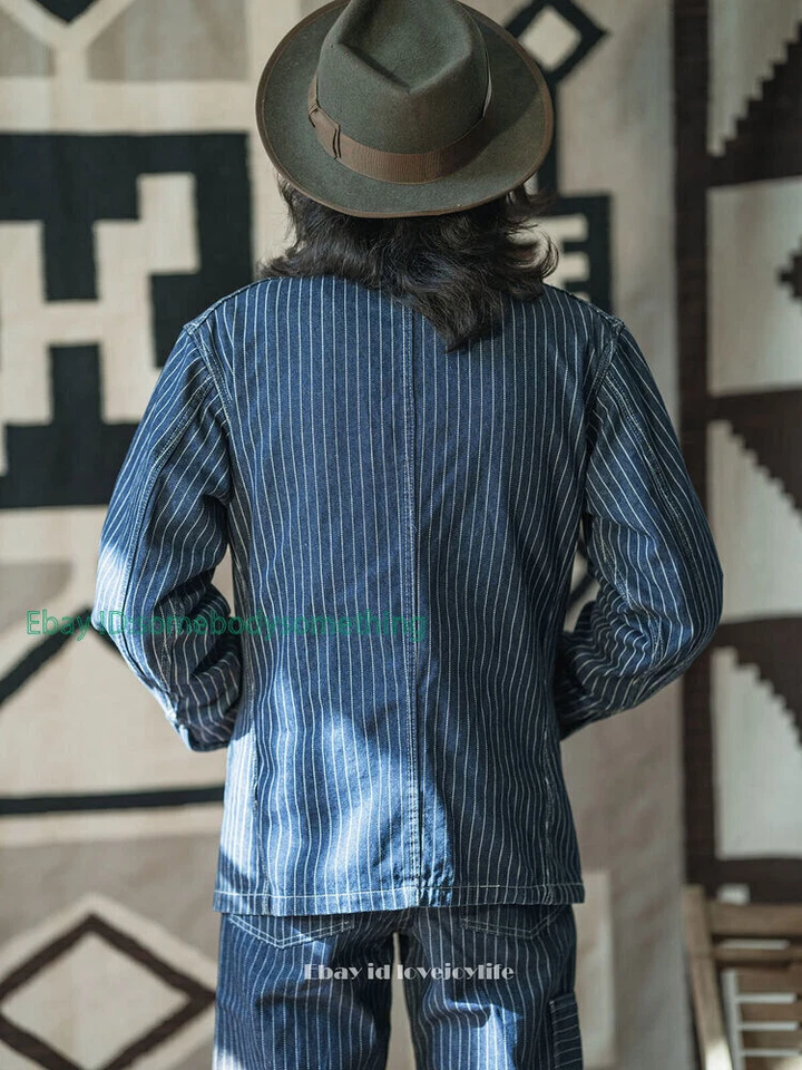 Retro 1930's Washable Chore Jacket Vintage Mens Railroad Stripe Denim Coat Blue - Image 2 of 4