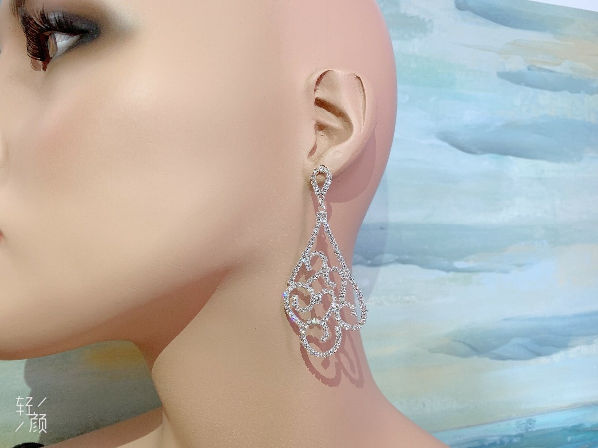 Women's AAA CZ Crystal Filigree Long Drop Dangle Ear Stud