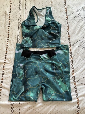 Cycle House  Powered by Marika Techno Lite Teal Marble Leggings & Bra Top M NWOT