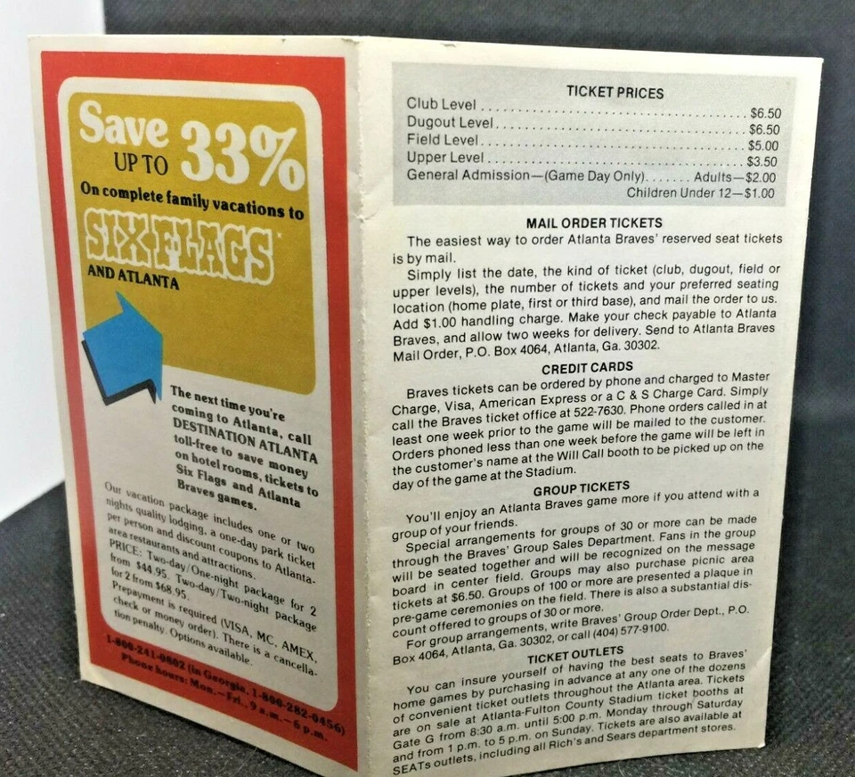 1979 Atlanta Braves Baseball Schedule Six Flags Amusement Park - Image 2 of 3