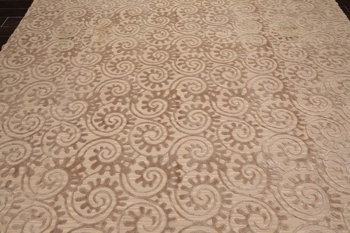 Hand Woven Wool & Silk Aubusson Savonnerie Floral Area Rug Tan 9'2'' x 11'10'' - Picture 5 of 10